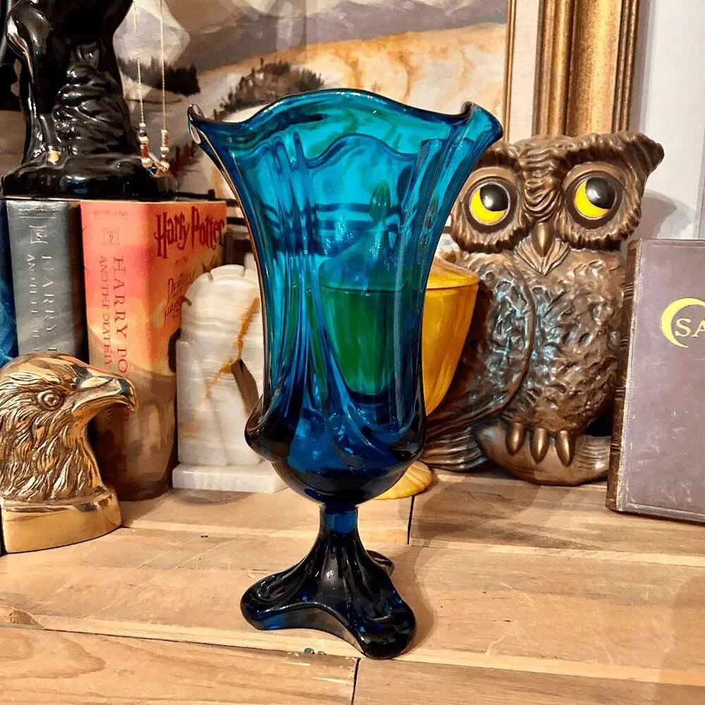 Vintage Viking EPIC DRAPE Vase Bluenique Footed 3 Toe Pedestal Flared Swung Glas